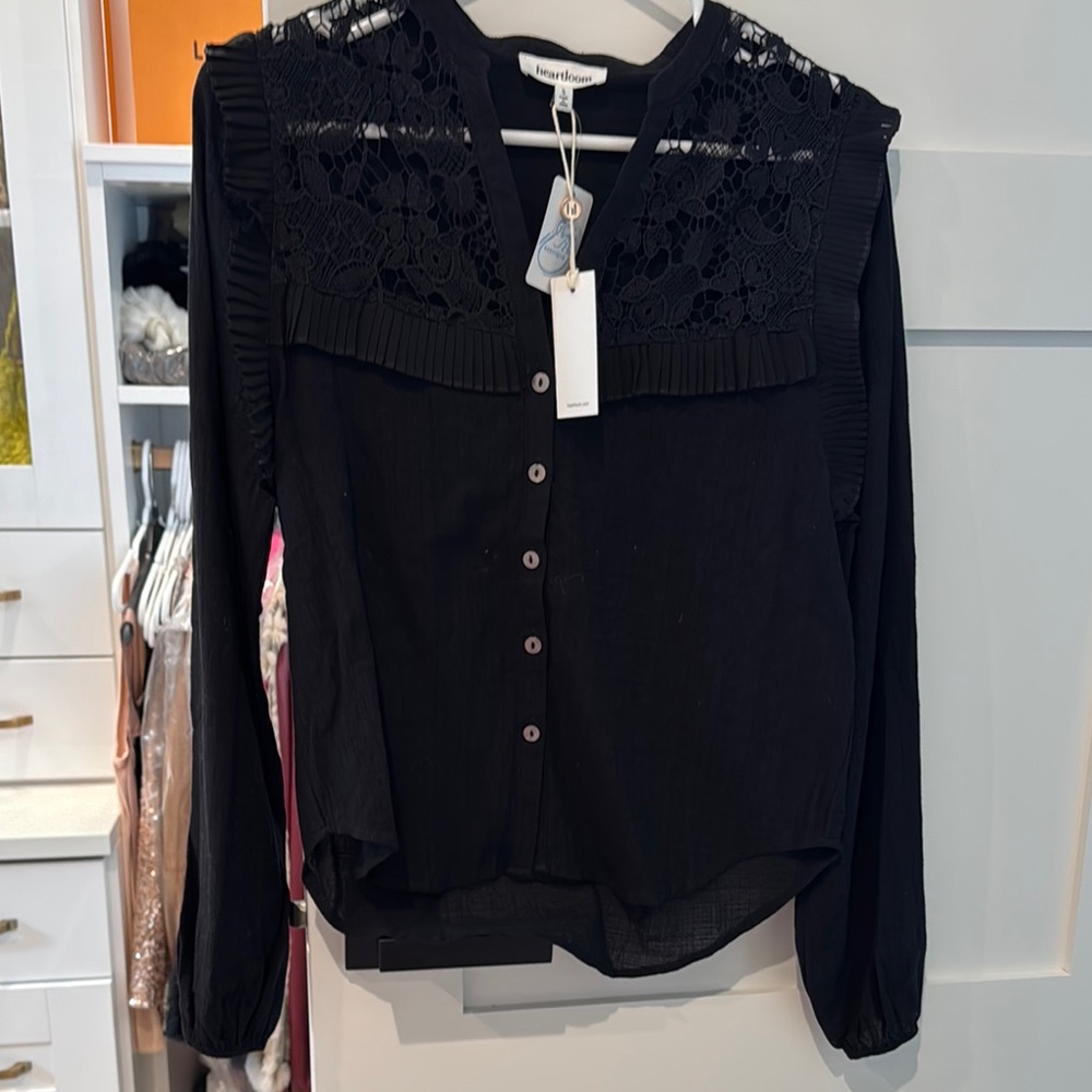 Black lace ruffle button down by Heartloom